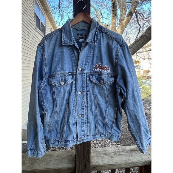 Vintage Indian Motorcycle oversized biker denim jacket embroidered sz L patches - Picture 2 of 16